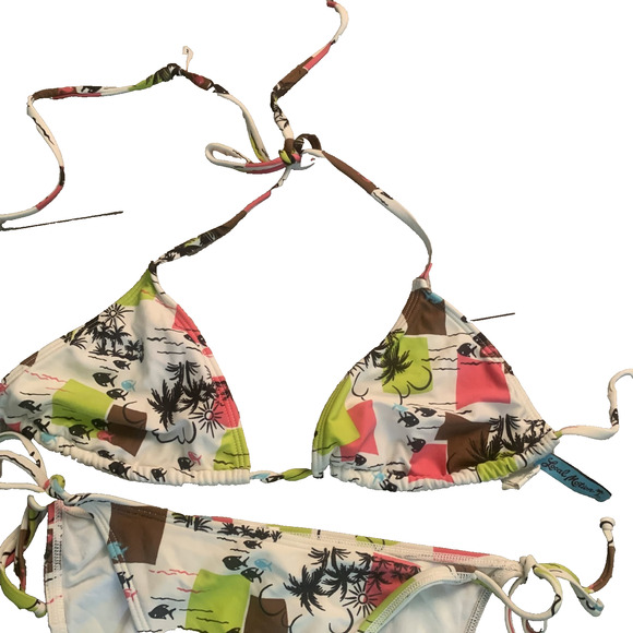 LOCAL MOTION WOMEN'S WHITE/PINK/GREEN‎ TROPICAL FISH BIKINI LARGE-EUC - Picture 3 of 7